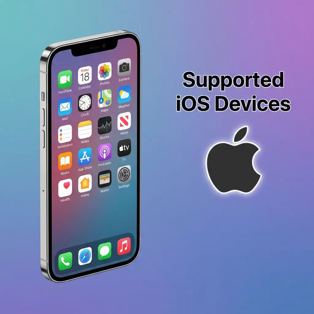 List of 10 supported Apple iOS devices including iPhone SE, iPhone 12 to 15 Pro, iPad Air, iPad mini, and iPad Pro models